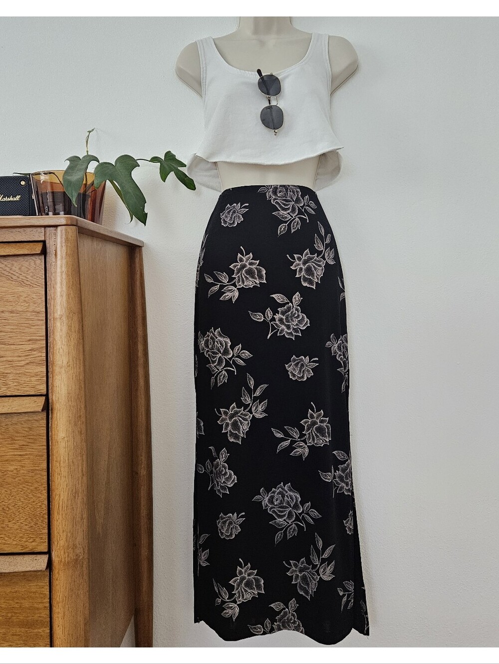 vtg slinky 90s y2k grunge floral goth whimsigoth boho indie urban maxi skirt